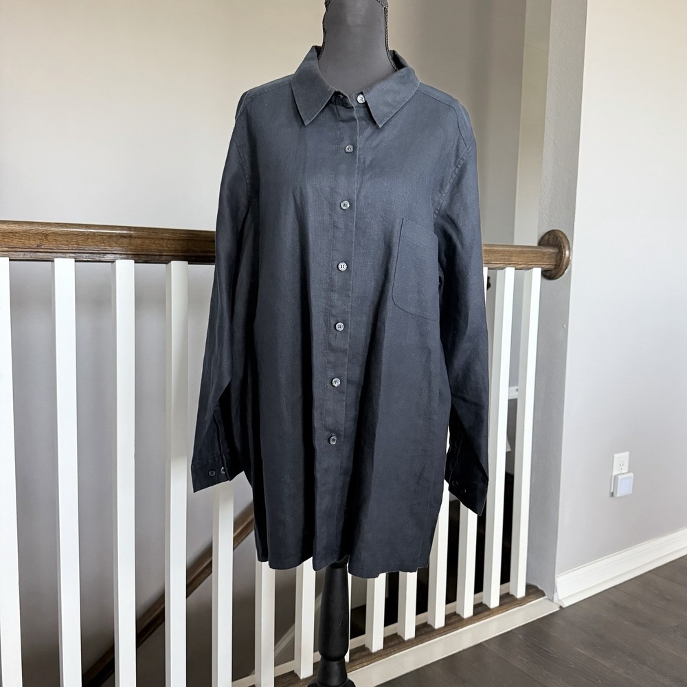 Bridgewater Studio 100% Linen Button Down Shirt Top Black Plus 2X Lagenlook